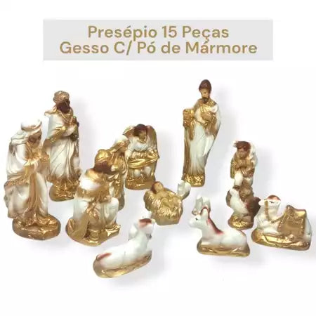Presépio De Natal Completo Gesso C/ Pó Mármore 20cm 14 peças