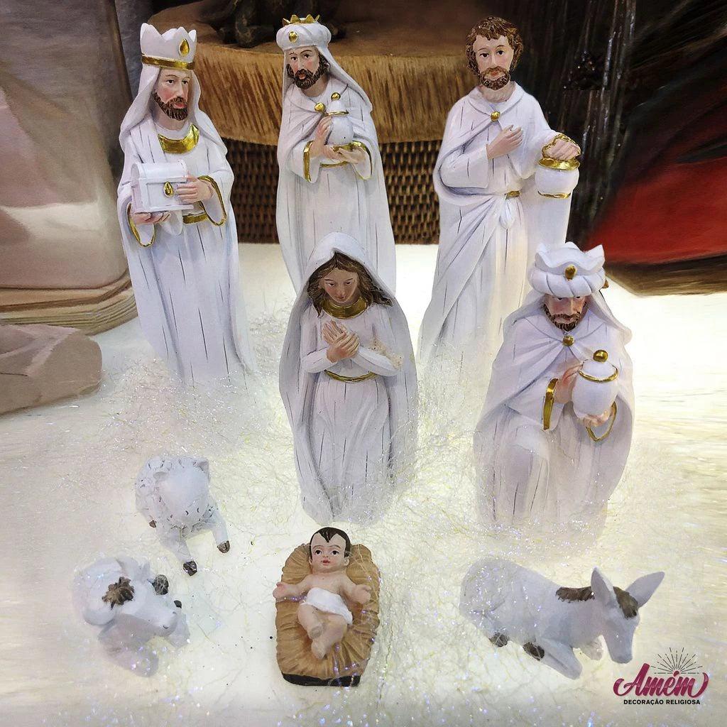 Presépio Branco Importado Resina 9 Peças 20 cm